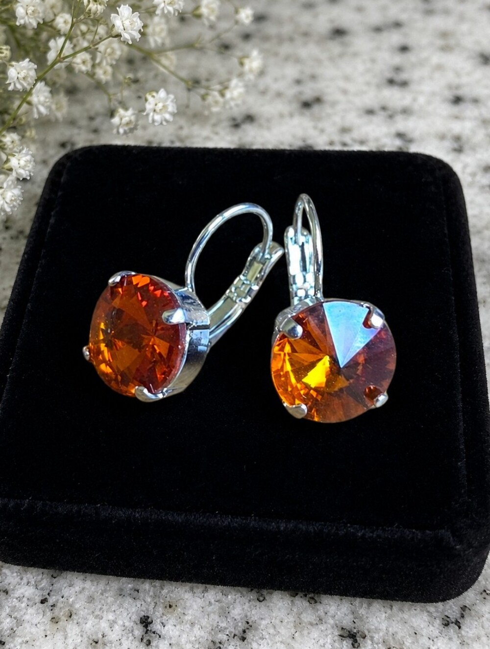 Silver Leverback Earrings with Amber Crystal Drops | Handmade